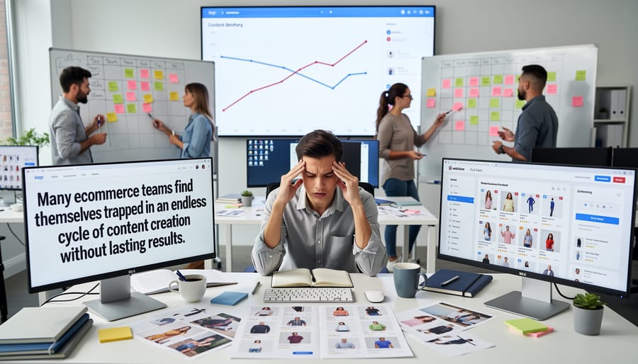 Marketing professional working late surrounded by content planning materials