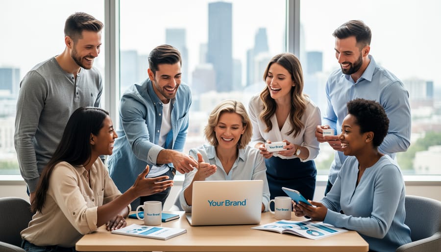 Group of business professionals enthusiastically sharing content on their smartphones in office setting