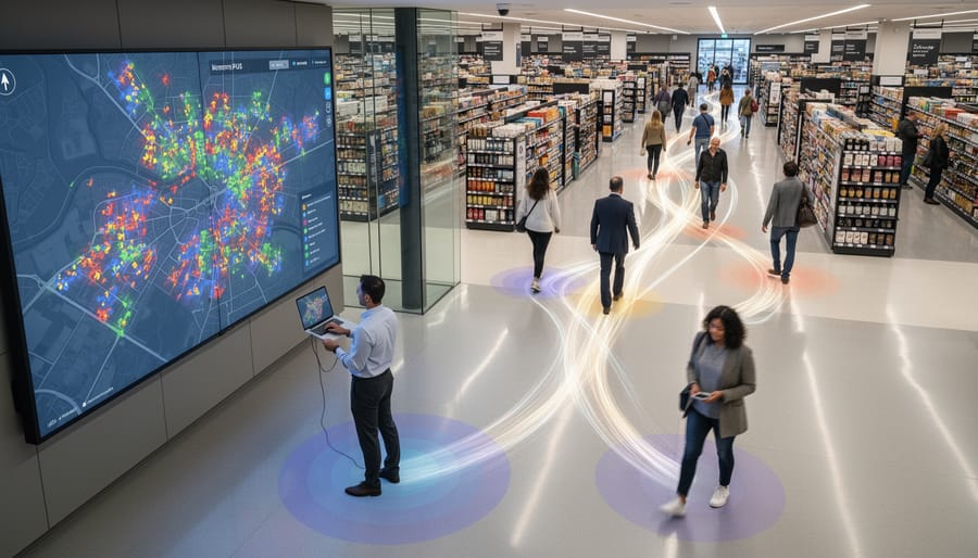 Overhead view of shoppers moving through retail space showing foot traffic patterns
