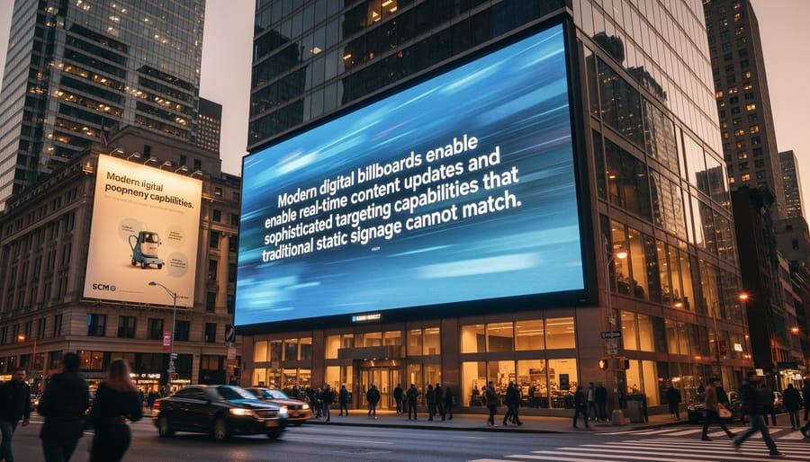 Illuminated digital billboard displaying advertisement in urban environment at dusk