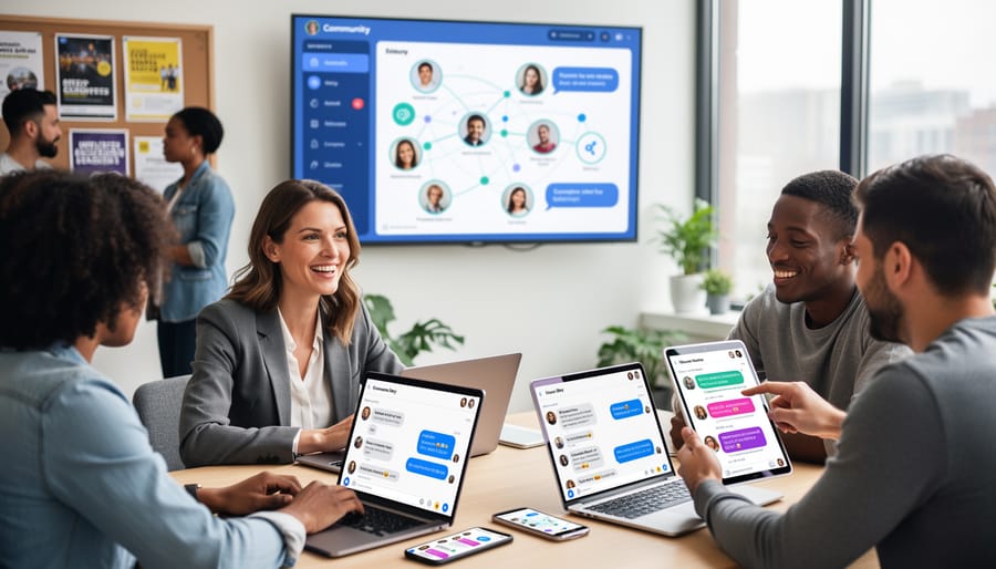 Person holding smartphone showing social media community engagement with team meeting in background