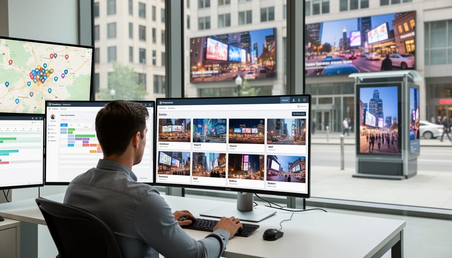 Marketing professional using tablet to manage digital advertising campaigns with multiple screens in background
