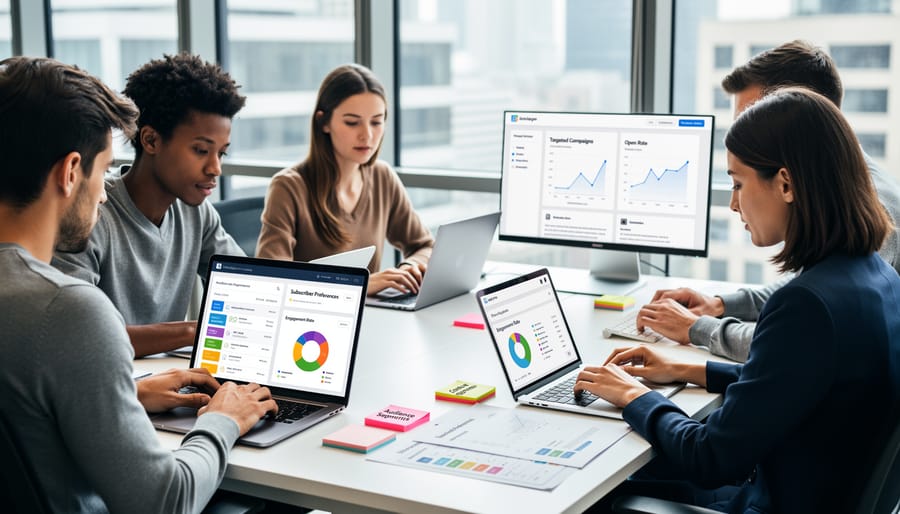 Business team collaborating on email marketing strategy in modern office