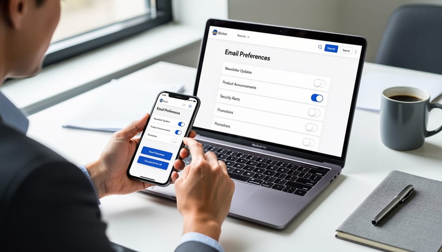 Person holding smartphone showing email preference center interface
