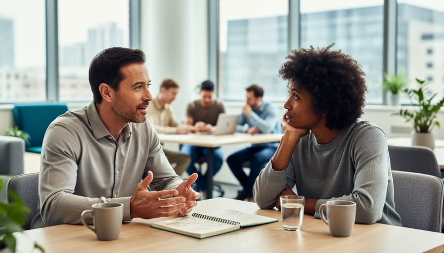 Team meeting showing empathetic leadership gestures and engaged employees