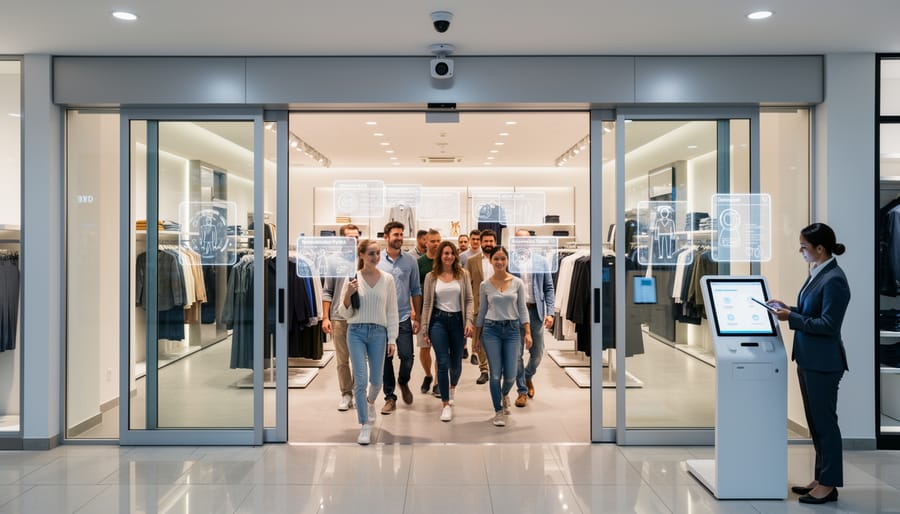 Customer interacting with facial recognition system at modern retail store entrance