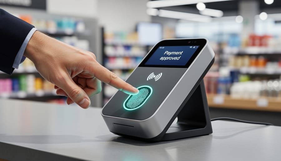 Close-up of customer using fingerprint authentication on smartphone for payment