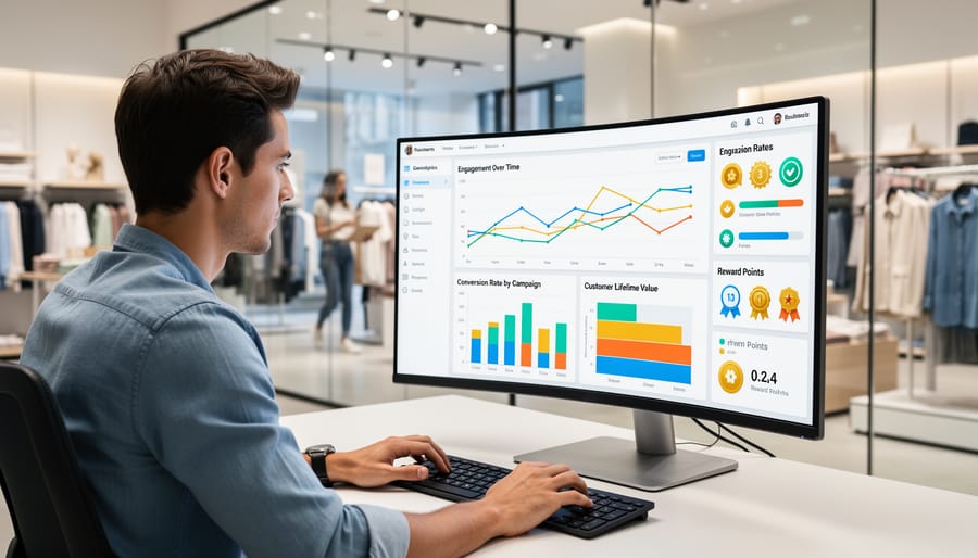 Business professional reviewing e-commerce analytics and performance metrics on multiple screens