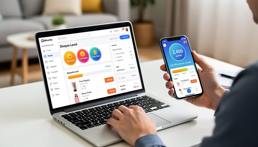 Shopping cart with products and smartphone showing gamified rewards system