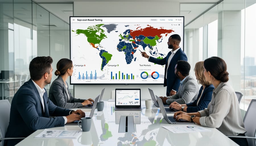 Marketing team planning geographic market segmentation strategy on table with maps