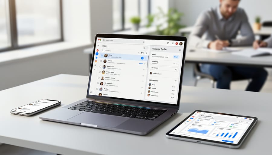 Business professional working with Gmail and CRM integration on laptop and smartphone