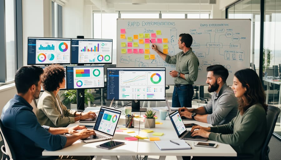 Business team analyzing marketing data and metrics on computer screens