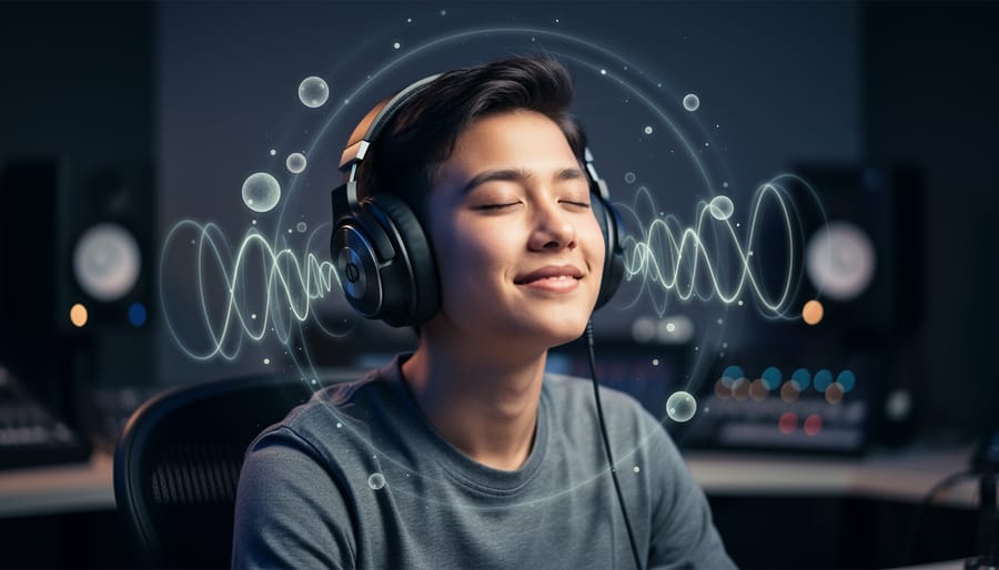Woman wearing headphones with eyes closed experiencing immersive audio