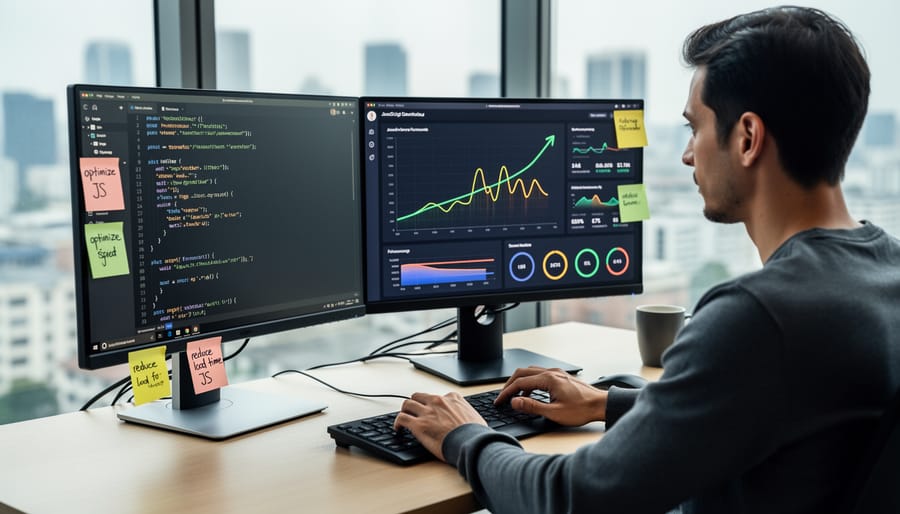 Developer working on code optimization at computer workstation