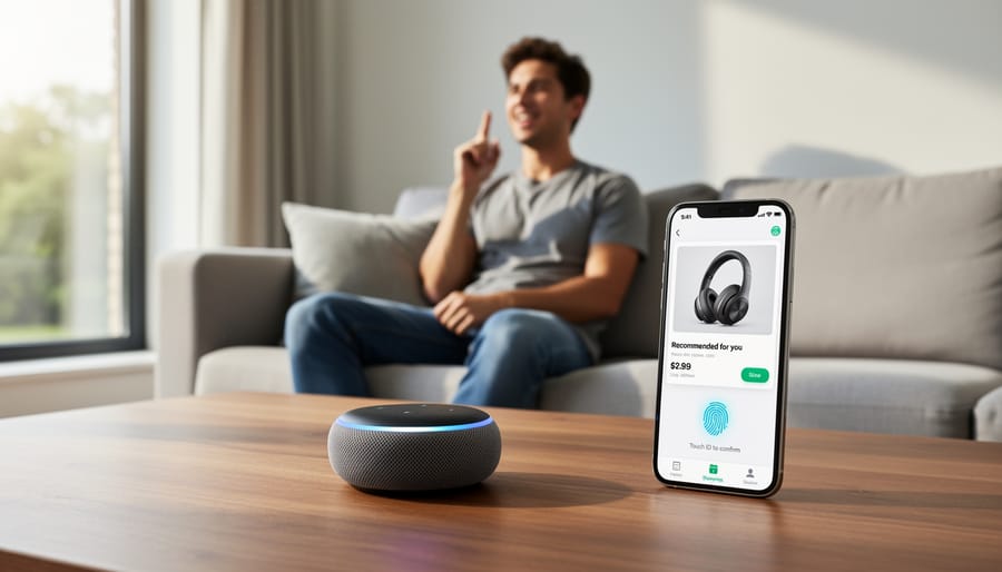 Customer using mobile app and voice-activated device while shopping in modern retail store