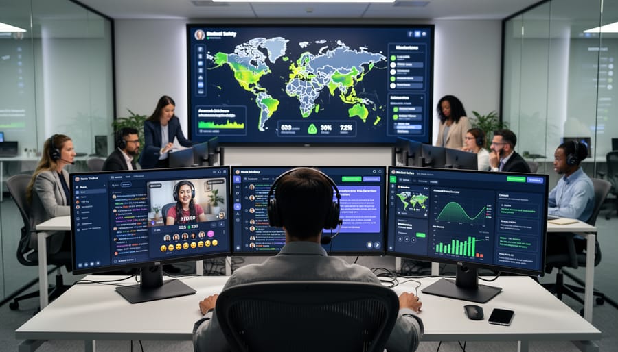 Professional moderator monitoring live stream content on multiple computer screens