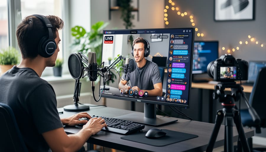 Smartphone showing live stream with active comment section and user interactions