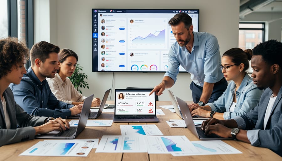 Marketing professional reviewing social media analytics on laptop with concerned expression