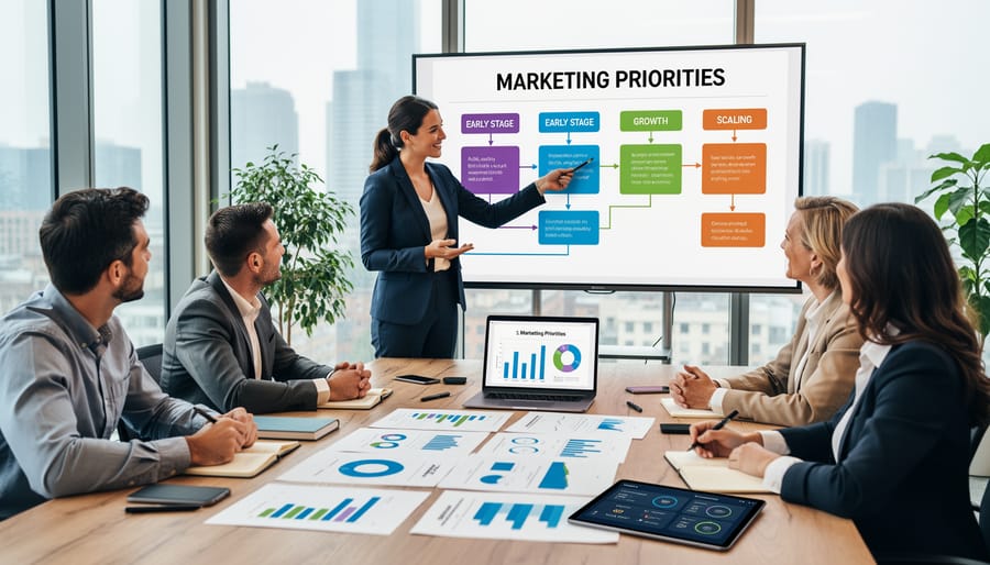 Business professional reviewing strategic marketing plans and making decisions