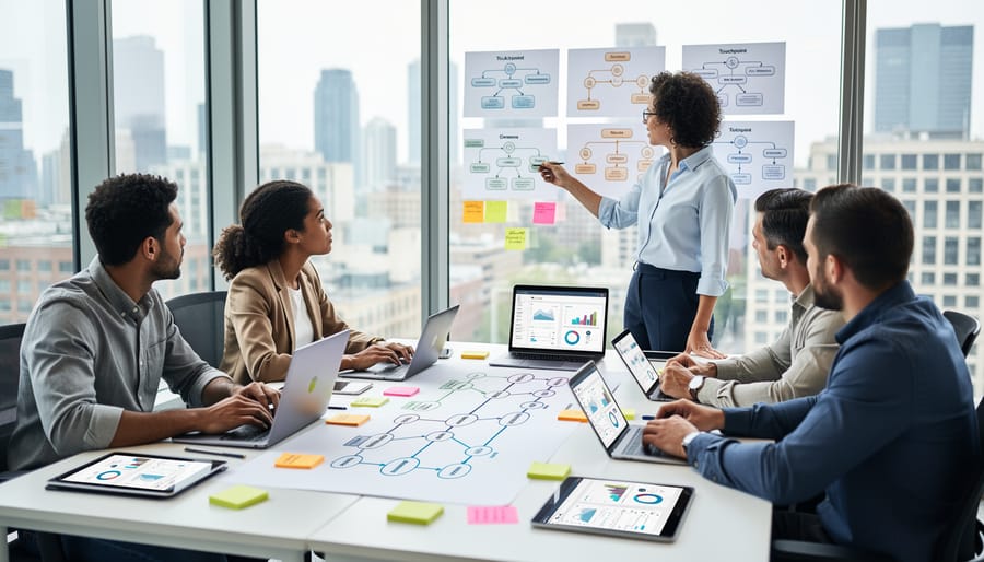 Business team collaborating on customer journey analysis and behavioral marketing strategy
