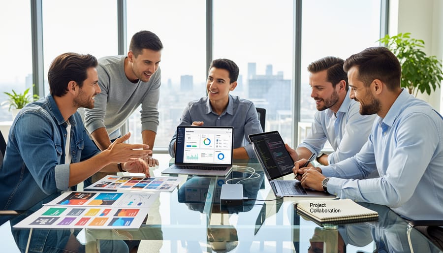 Marketing team collaborating on cross-contextual advertising implementation strategy