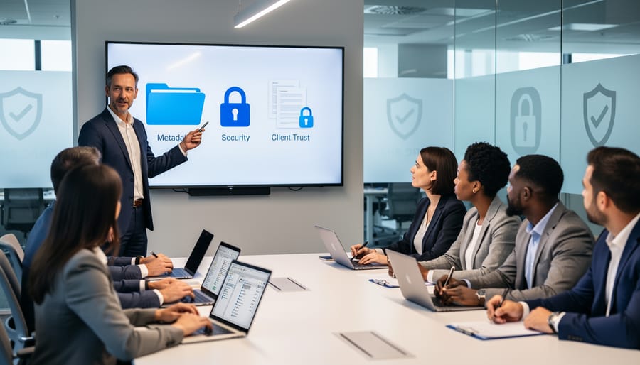 Marketing team meeting around conference table discussing security protocols