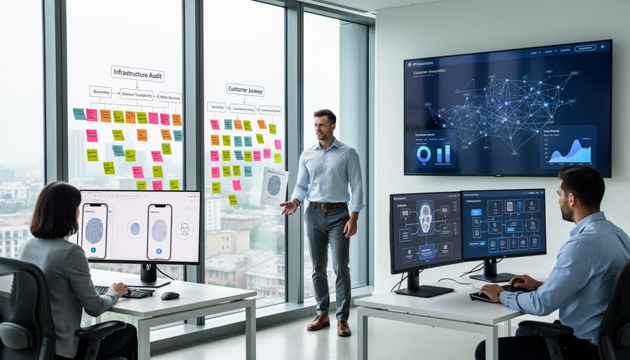 Marketing team collaborating on technology strategy in modern office environment