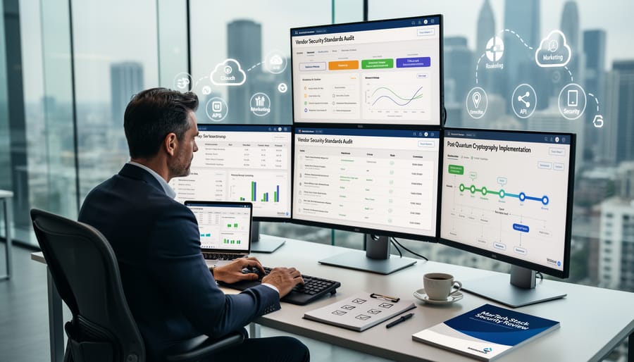 Business professional reviewing security documentation and vendor certifications at desk