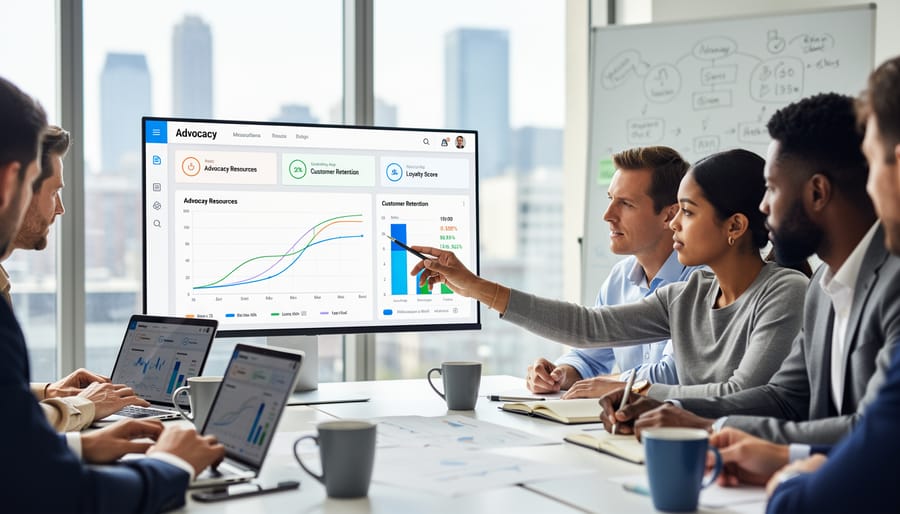 Business professional reviewing analytics and metrics on laptop at wooden desk