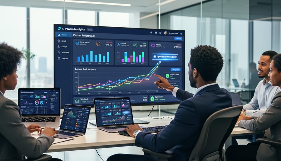 Overhead view of modern marketing workspace with multiple digital devices and analytics