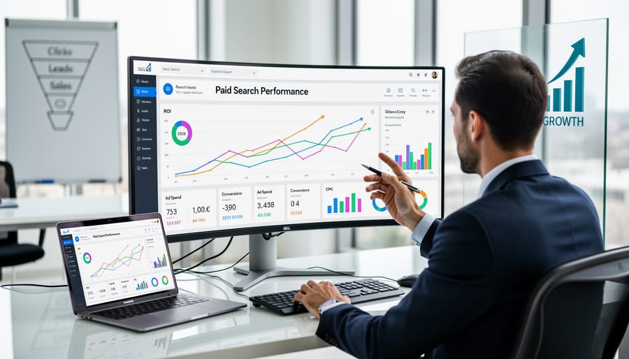 Business professional reviewing analytics dashboard on smartphone at desk