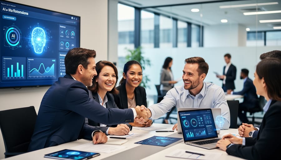 Two business professionals having meaningful conversation in modern office setting