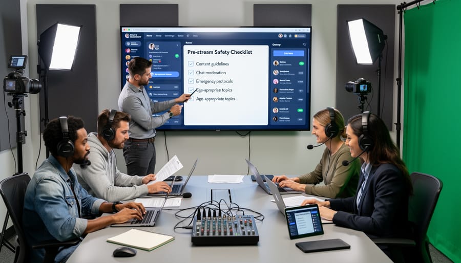 Business team preparing and reviewing safety checklist before live stream event