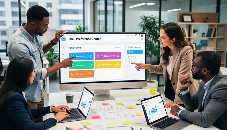 Overhead view of organized workspace with laptop and planning materials
