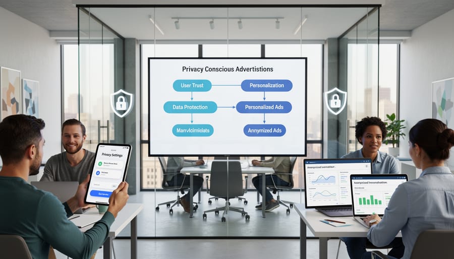 Business professionals collaborating in modern office with privacy-focused workspace design