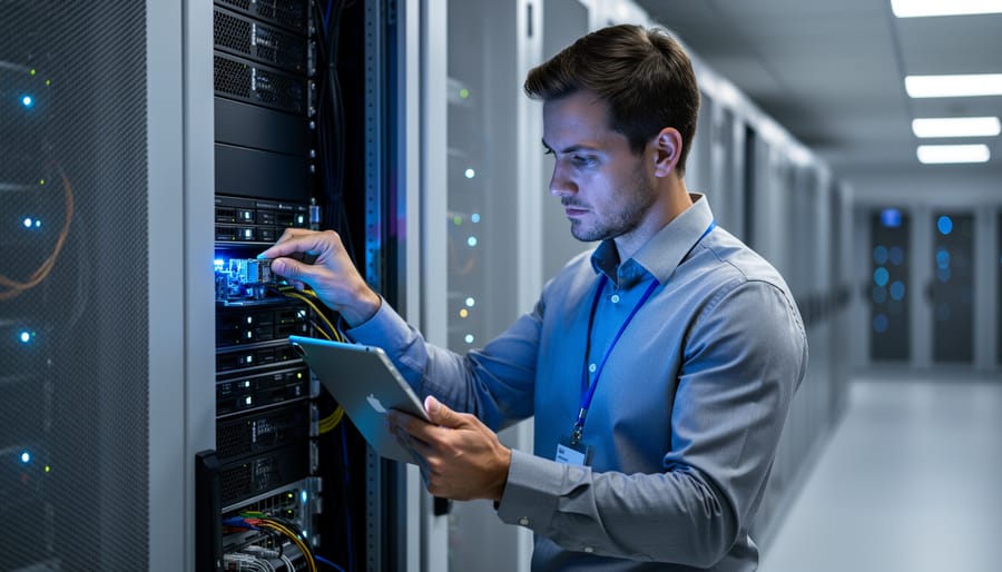 Operations engineer adjusts a module on an LED-lit server rack while holding a tablet angled away, with a blurred aisle of data center racks in the background under cool, professional lighting.