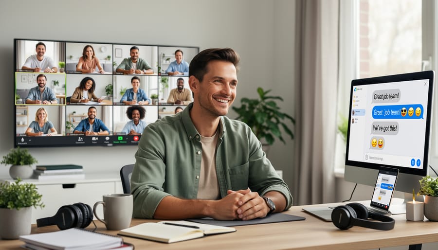 Remote worker engaged in video conference with distributed team members