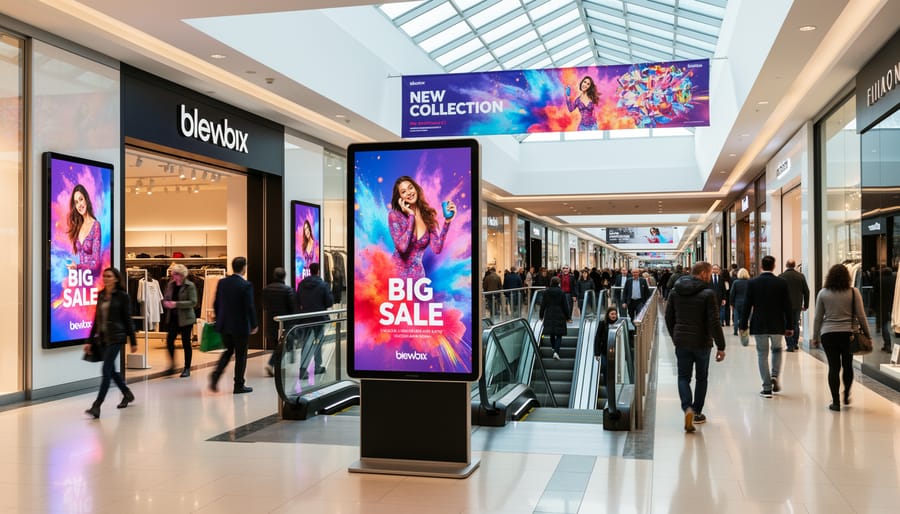 Multiple digital advertising screens in busy shopping mall with shoppers walking past