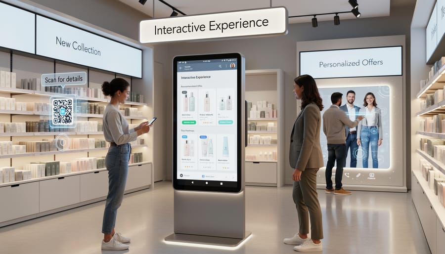 Customers engaged with mobile shopping apps in contemporary retail store