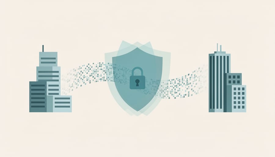 Diverse hands connecting around glowing digital sphere representing secure data collaboration