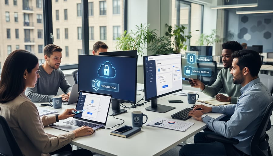 Professional working on laptop with privacy screen in secure office environment