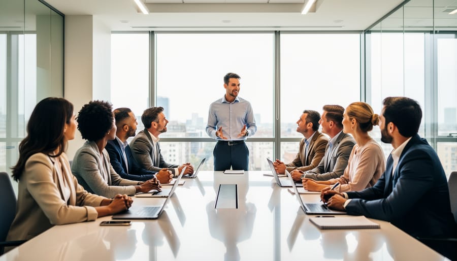 Manager having one-on-one conversation with employee in office setting