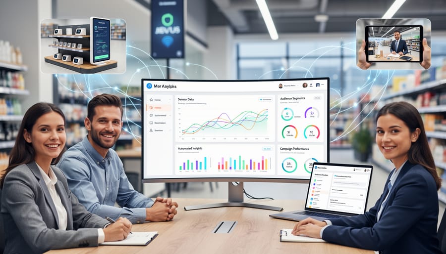 Business professional reviewing IoT sensor data on mobile device at desk
