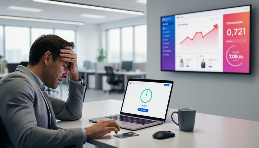 Business professional looking frustrated while waiting for slow website to load on laptop