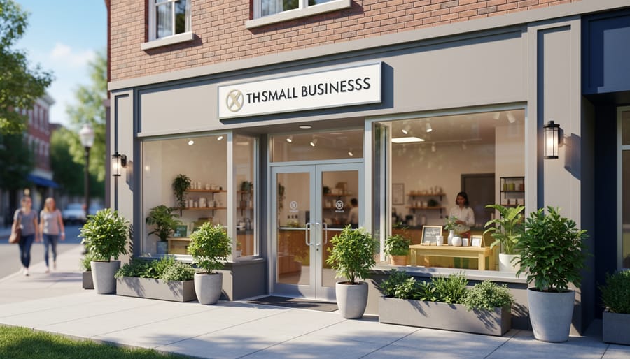 Customer entering local business storefront while checking iPhone for business information
