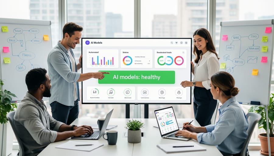 Marketing team collaborating on AI content strategy in modern office setting