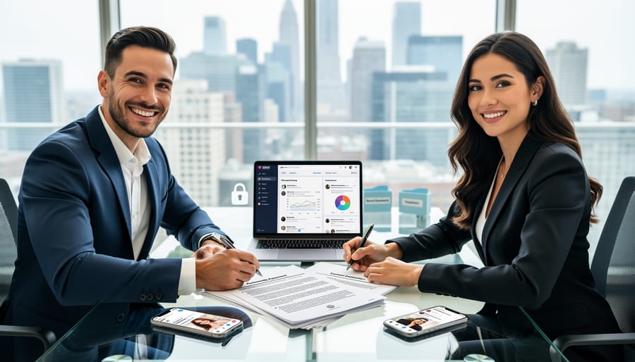 Business team reviewing influencer partnership contracts and agreements during strategy meeting