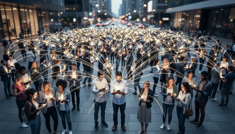 Aerial view of festival crowd with ripple pattern showing viral trend adoption spreading through population