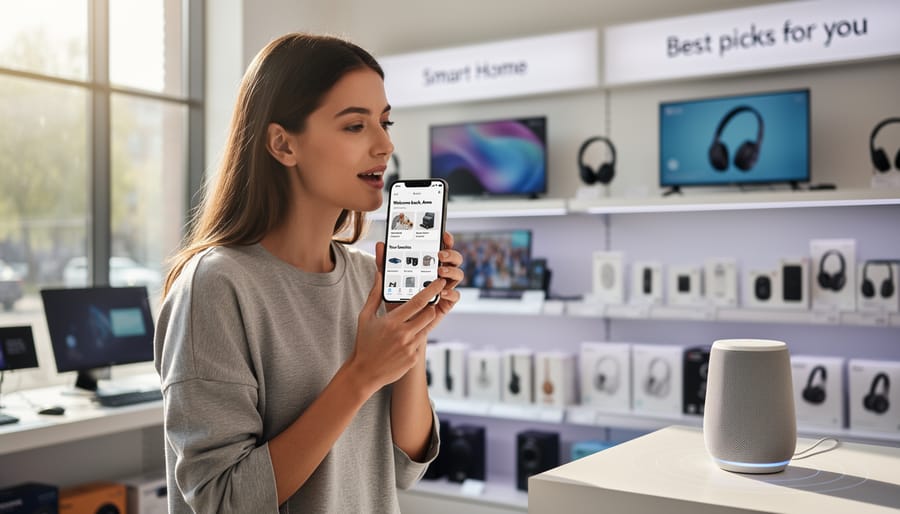 Professional using voice recognition technology with smart speaker device