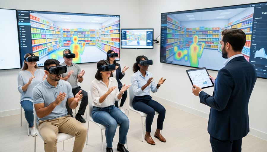 Business professional using VR headset for market research in modern office setting
